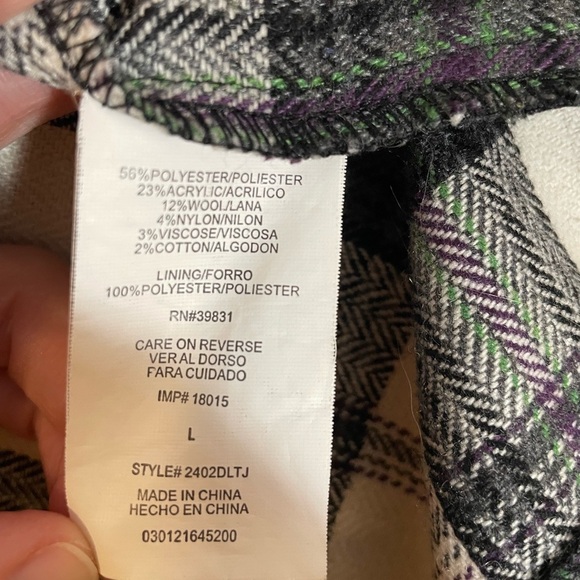 Takara Collared Plaid Long Wool Blend Lightweight Pea Coat 3/4 Sleeve Size Large - Picture 6 of 12